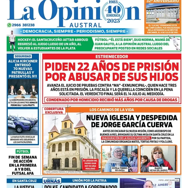 Diario La Opinión Austral tapa edición impresa del sábado 8 de julio de 2023, Río Gallegos, Santa Cruz, Argentina