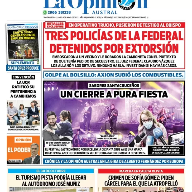 Diario La Opinión Austral tapa edición impresa del lunes 9 de mayo de 2022 Río Gallegos, Santa Cruz, Argentina