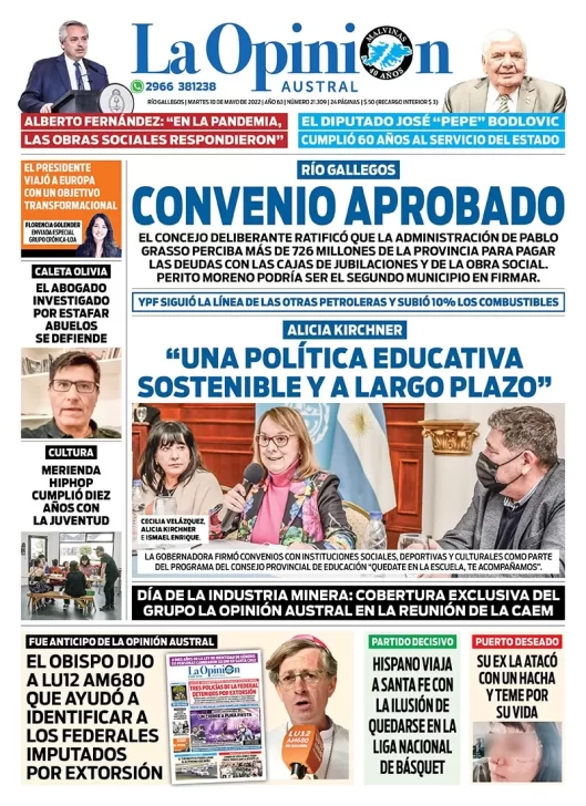 Diario La Opinión Austral tapa edición impresa del martes 10 de mayo de 2022 Río Gallegos, Santa Cruz, Argentina