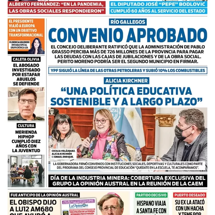 Diario La Opinión Austral tapa edición impresa del martes 10 de mayo de 2022 Río Gallegos, Santa Cruz, Argentina