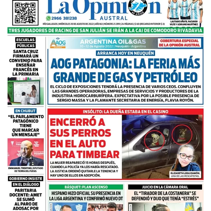 Diario La Opinión Austral tapa edición impresa del miércoles 10 de agosto de 2022 Río Gallegos, Santa Cruz, Argentina