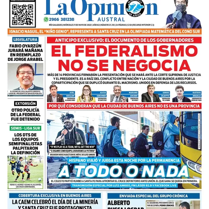 Diario La Opinión Austral tapa edición impresa del miércoles 11 de mayo de 2022 Río Gallegos, Santa Cruz, Argentina