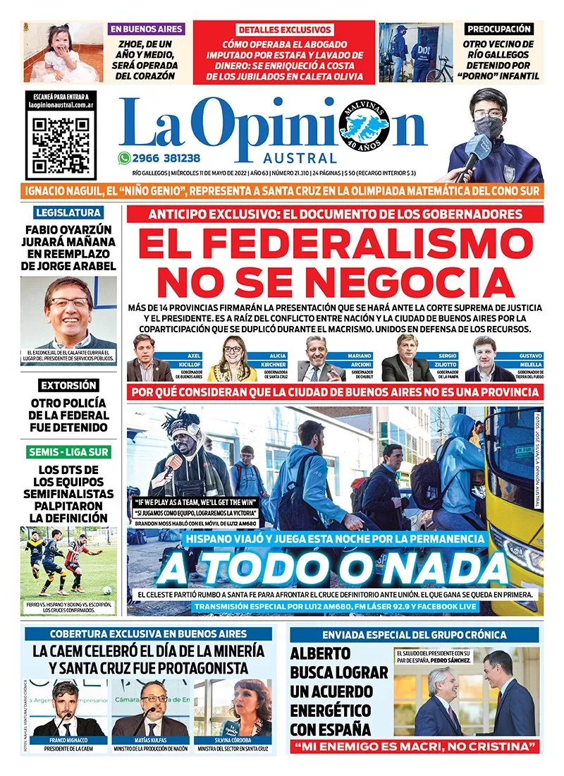 Diario La Opinión Austral tapa edición impresa del miércoles 11 de mayo de 2022 Río Gallegos, Santa Cruz, Argentina