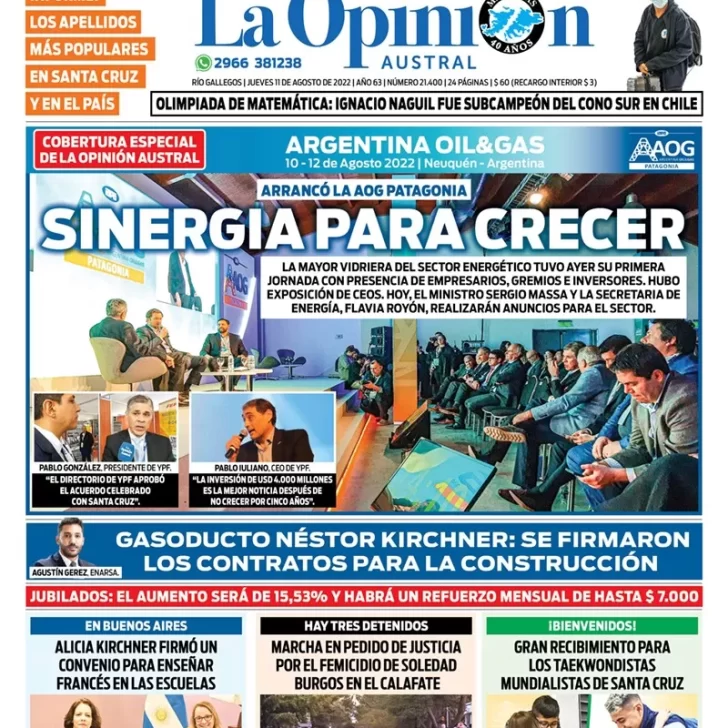 Diario La Opinión Austral tapa edición impresa del jueves 11 de agosto de 2022 Río Gallegos, Santa Cruz, Argentina