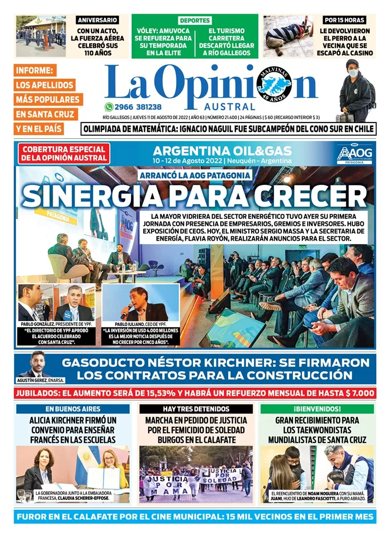 Diario La Opinión Austral tapa edición impresa del jueves 11 de agosto de 2022 Río Gallegos, Santa Cruz, Argentina
