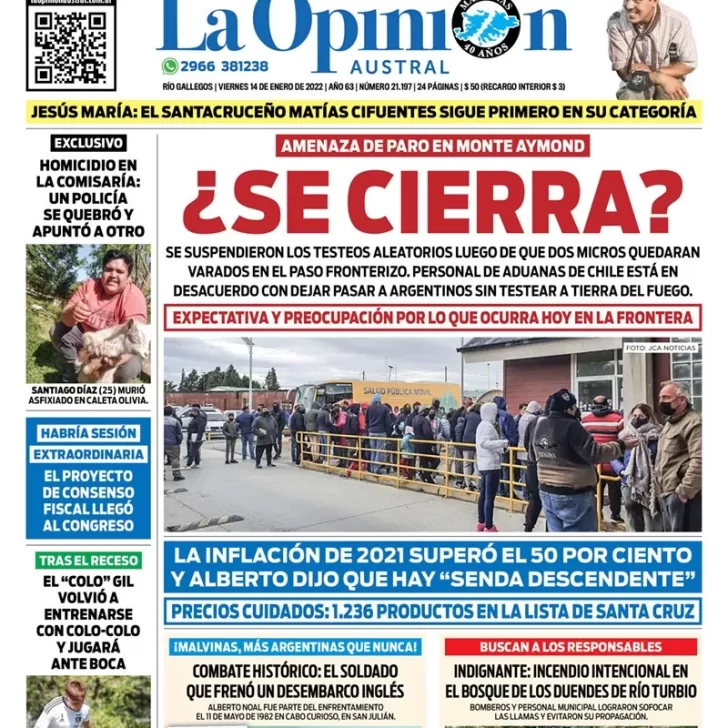 Diario La Opinión Austral tapa edición impresa del 14 de enero de 2022 Río Gallegos, Santa Cruz, Argentina