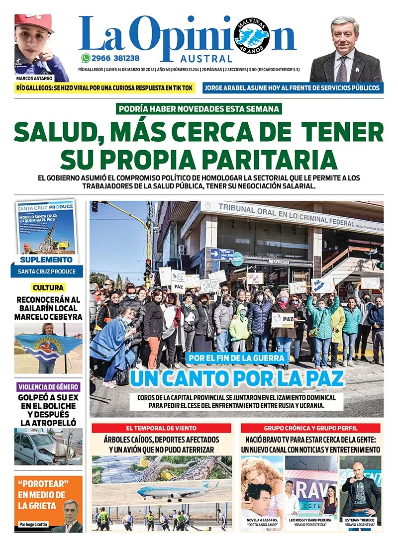 Diario La Opinión Austral tapa edición impresa del lunes 14 de marzo de 2022 Río Gallegos, Santa Cruz, Argentina Diario La Opinión Austral tapa edición impresa del lunes 14 de marzo de 2022 Río Gallegos, Santa Cruz, Argentina