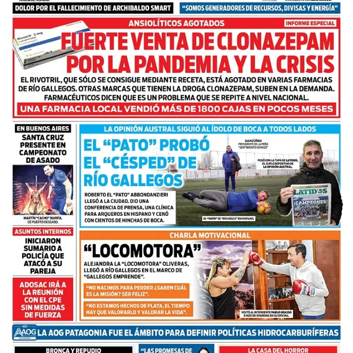 Diario La Opinión Austral tapa edición impresa del domingo 14 de agosto de 2022 Río Gallegos, Santa Cruz, Argentina