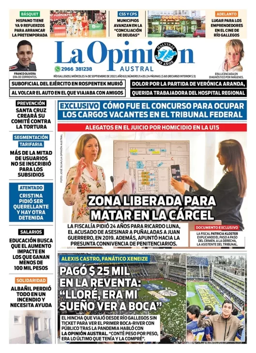 Diario La Opinión Austral tapa edición impresa del miércoles 14 de septiembre de 2022 Río Gallegos, Santa Cruz, Argentina