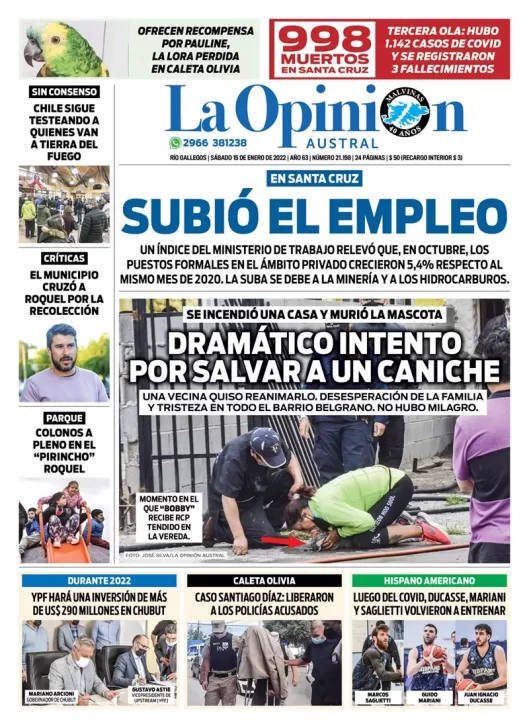 Diario La Opinión Austral tapa edición impresa del 15 de enero de 2022 Río Gallegos, Santa Cruz, Argentina