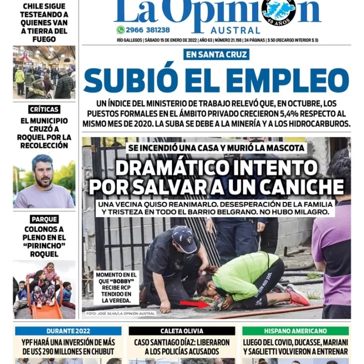 Diario La Opinión Austral tapa edición impresa del 15 de enero de 2022 Río Gallegos, Santa Cruz, Argentina