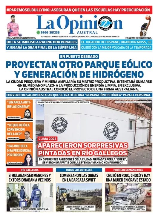 Diario La Opinión Austral tapa edición impresa del domingo 15 de mayo de 2022 Río Gallegos, Santa Cruz, Argentina