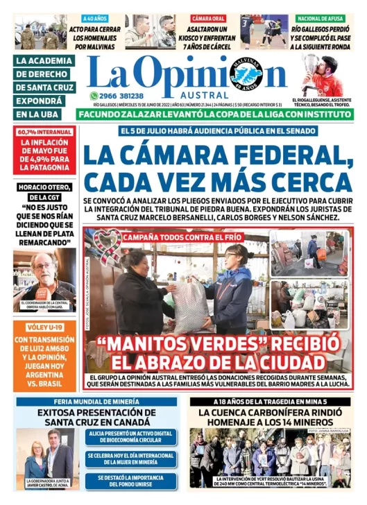 Diario La Opinión Austral tapa edición impresa del miércoles 15 de junio de 2022 Río Gallegos, Santa Cruz, Argentina