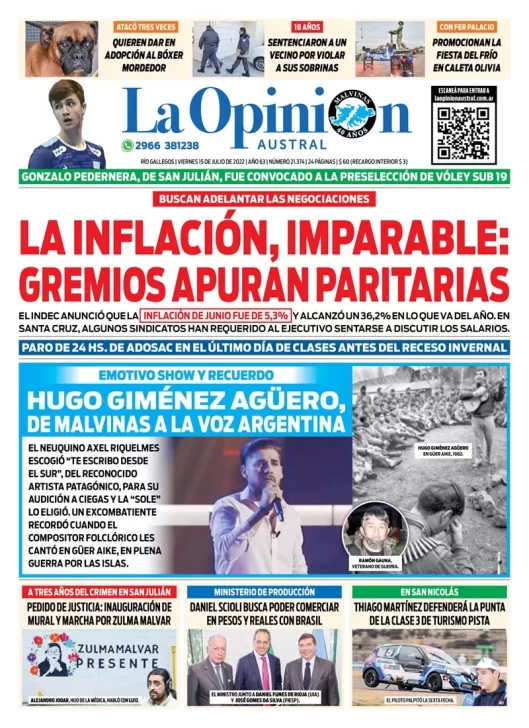 Diario La Opinión Austral tapa edición impresa del viernes 15 de julio de 2022 Río Gallegos, Santa Cruz, Argentina