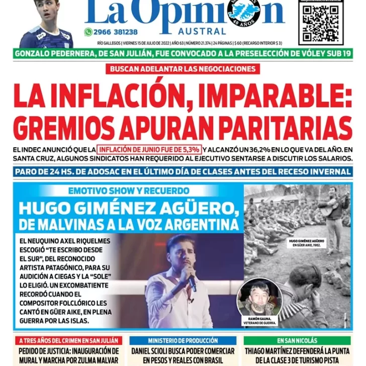 Diario La Opinión Austral tapa edición impresa del viernes 15 de julio de 2022 Río Gallegos, Santa Cruz, Argentina
