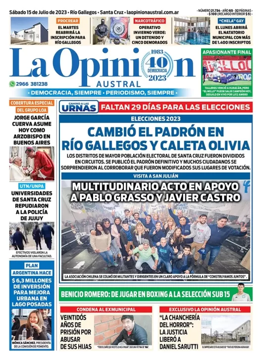 Diario La Opinión Austral tapa edición impresa del sábado 15 de julio de 2023, Río Gallegos, Santa Cruz, Argentina