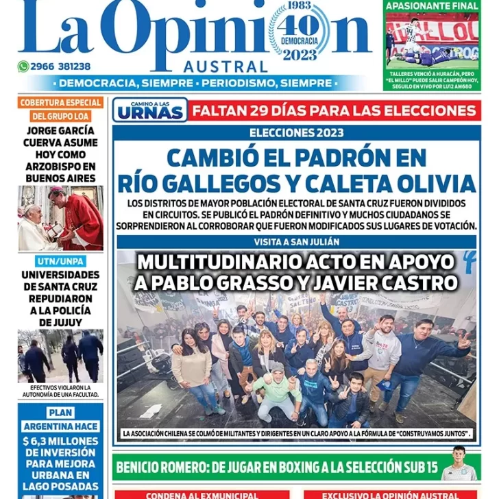 Diario La Opinión Austral tapa edición impresa del sábado 15 de julio de 2023, Río Gallegos, Santa Cruz, Argentina