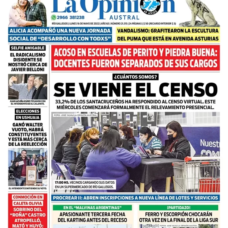 Diario La Opinión Austral tapa edición impresa del lunes 16 de mayo de 2022 Río Gallegos, Santa Cruz, Argentina