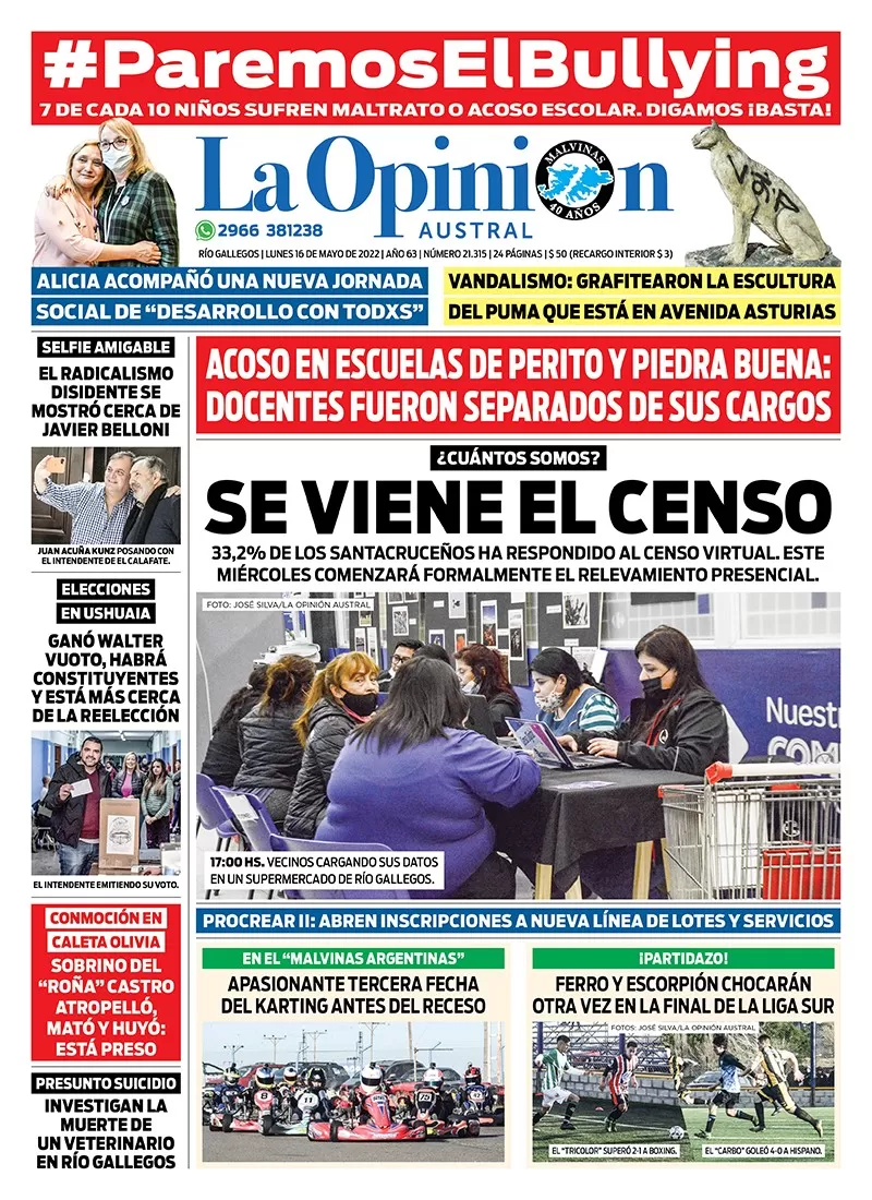 Diario La Opinión Austral tapa edición impresa del lunes 16 de mayo de 2022 Río Gallegos, Santa Cruz, Argentina
