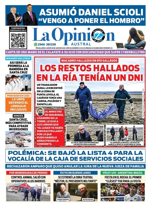 Diario La Opinión Austral tapa edición impresa del jueves 16 de junio de 2022 Río Gallegos, Santa Cruz, Argentina