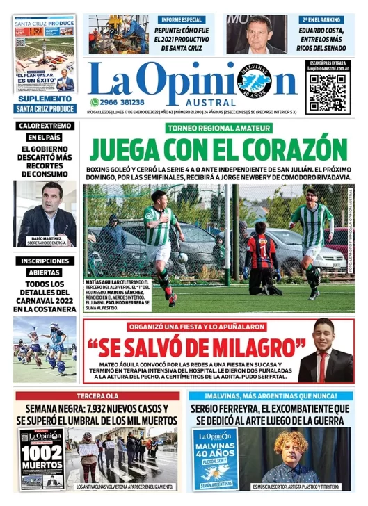 Diario La Opinión Austral tapa edición impresa del 17 de enero de 2022 Río Gallegos, Santa Cruz, Argentina