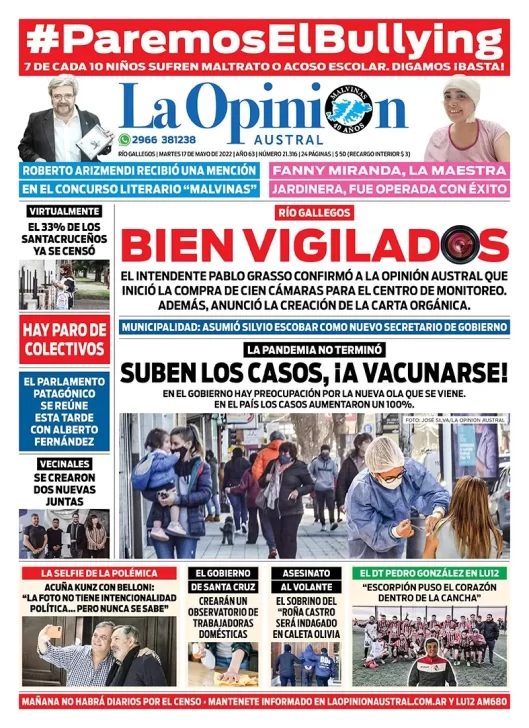 Diario La Opinión Austral tapa edición impresa del martes 17 de mayo de 2022 Río Gallegos, Santa Cruz, Argentina