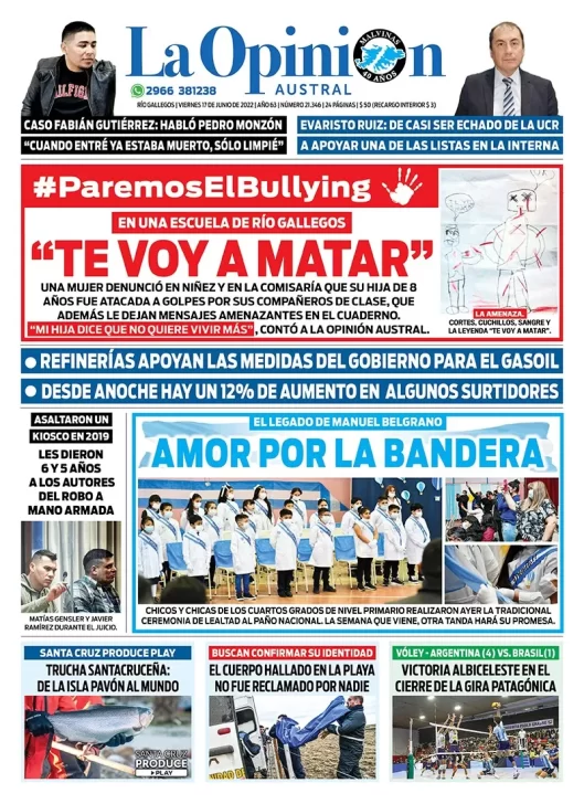 Diario La Opinión Austral tapa edición impresa del viernes 17 de junio de 2022 Río Gallegos, Santa Cruz, Argentina