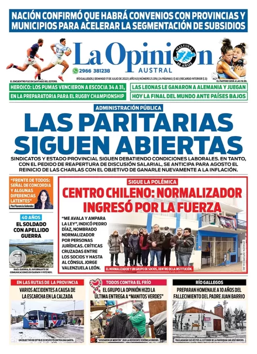 Diario La Opinión Austral tapa edición impresa del domingo 17 de julio de 2022 Río Gallegos, Santa Cruz, Argentina