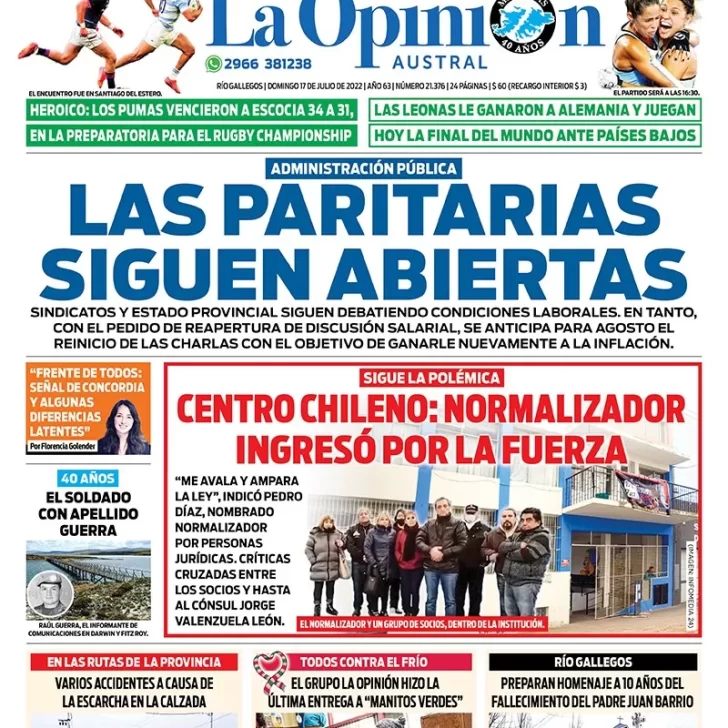 Diario La Opinión Austral tapa edición impresa del domingo 17 de julio de 2022 Río Gallegos, Santa Cruz, Argentina
