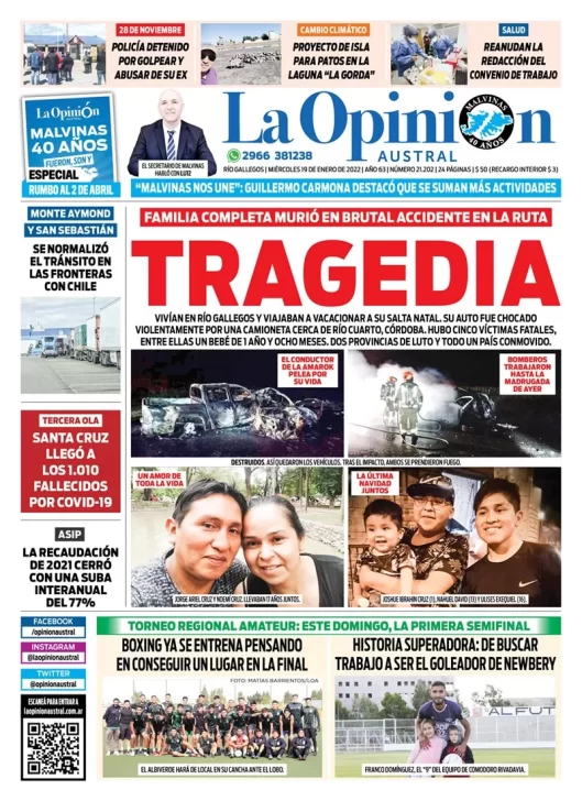Diario La Opinión Austral tapa edición impresa del 19 de enero de 2022 Río Gallegos, Santa Cruz, Argentina