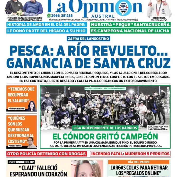 Diario La Opinión Austral tapa edición impresa del domingo 19 de junio de 2022 Río Gallegos, Santa Cruz, Argentina
