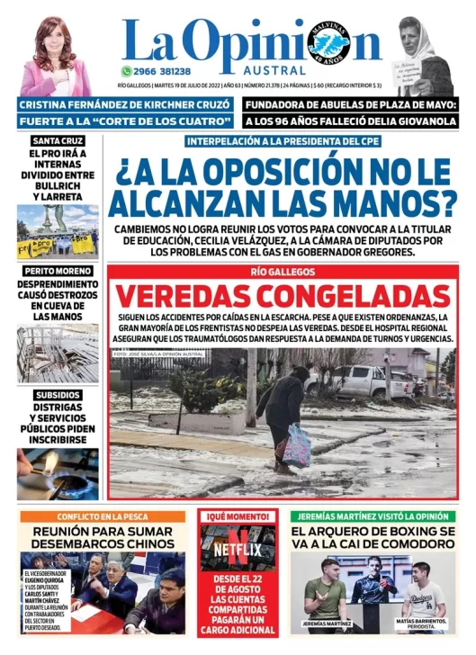 Diario La Opinión Austral tapa edición impresa del martes 19 de julio de 2022 Río Gallegos, Santa Cruz, Argentina