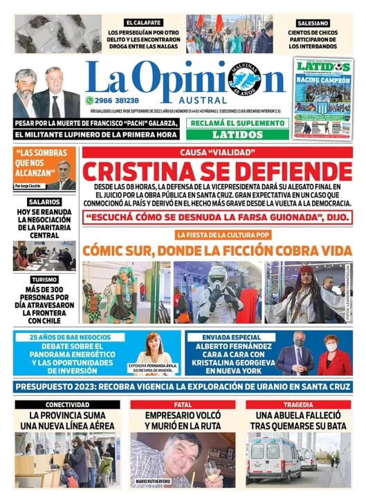 Diario La Opinión Austral tapa edición impresa del lunes 19 de septiembre de 2022 Río Gallegos, Santa Cruz, Argentina