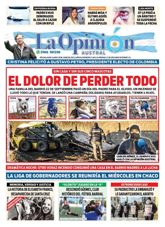 Diario La Opinión Austral tapa edición impresa del lunes 20 de junio de 2022 Río Gallegos, Santa Cruz, Argentina
