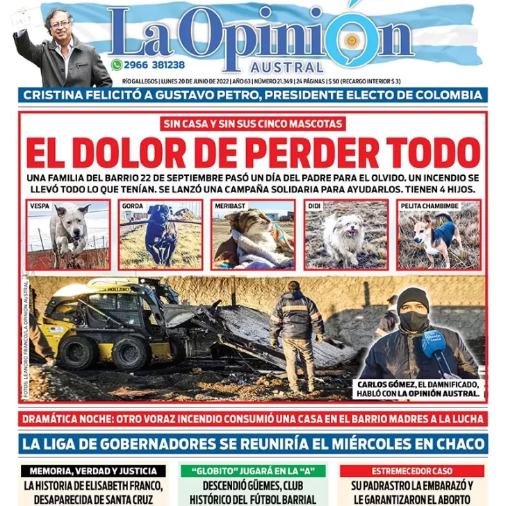 Diario La Opinión Austral tapa edición impresa del lunes 20 de junio de 2022 Río Gallegos, Santa Cruz, Argentina