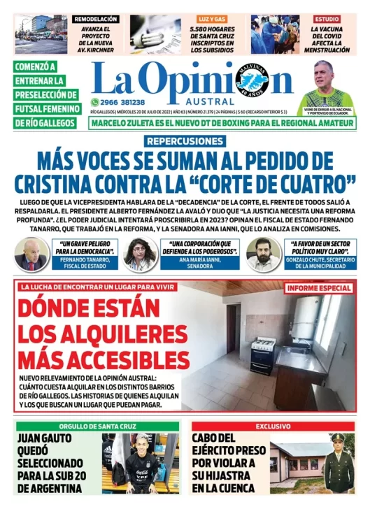 Diario La Opinión Austral tapa edición impresa del miércoles 20 de julio de 2022 Río Gallegos, Santa Cruz, Argentina