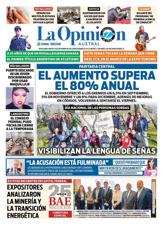 Diario La Opinión Austral tapa edición impresa del martes 20 de septiembre de 2022 Río Gallegos, Santa Cruz, Argentina
