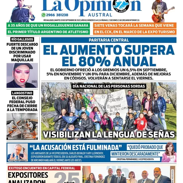 Diario La Opinión Austral tapa edición impresa del martes 20 de septiembre de 2022 Río Gallegos, Santa Cruz, Argentina