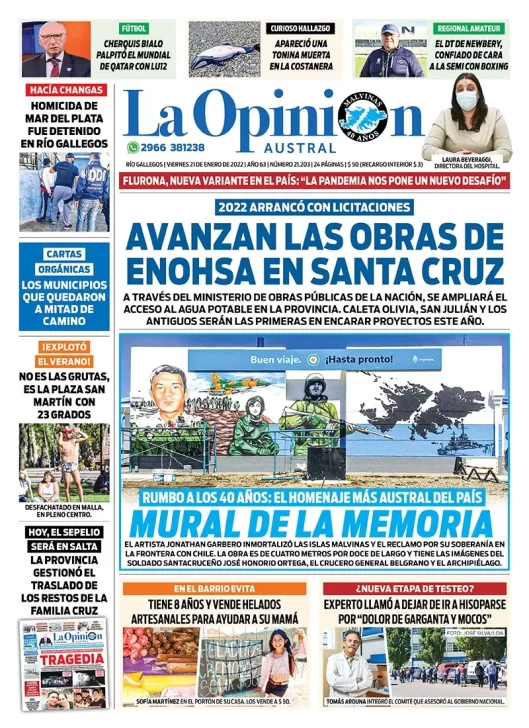 Diario La Opinión Austral tapa edición impresa del 21 de enero de 2022 Río Gallegos, Santa Cruz, Argentina