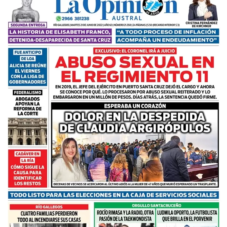 Diario La Opinión Austral tapa edición impresa del martes 21 de junio de 2022 Río Gallegos, Santa Cruz, Argentina