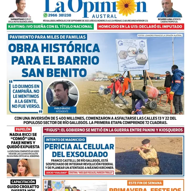 Diario La Opinión Austral tapa edición impresa del miércoles 21 de septiembre de 2022 Río Gallegos, Santa Cruz, Argentina