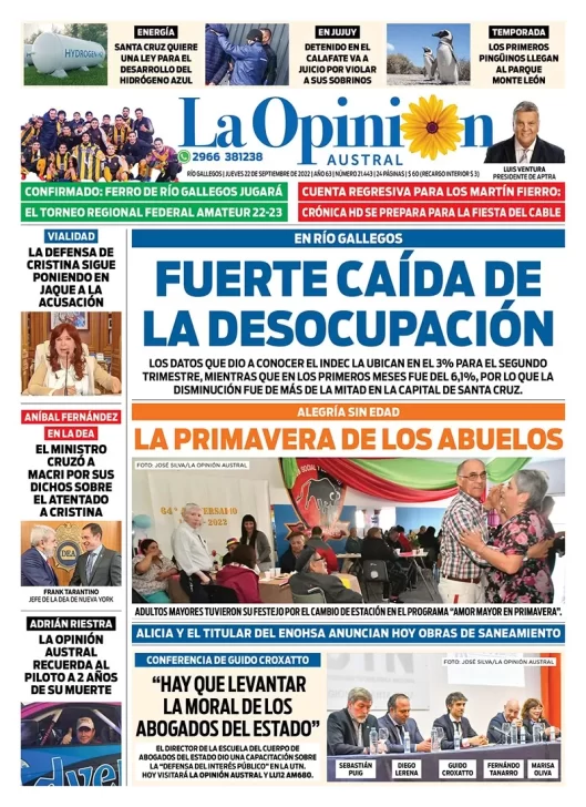 Diario La Opinión Austral tapa edición impresa del jueves 22 de septiembre de 2022 Río Gallegos, Santa Cruz, Argentina