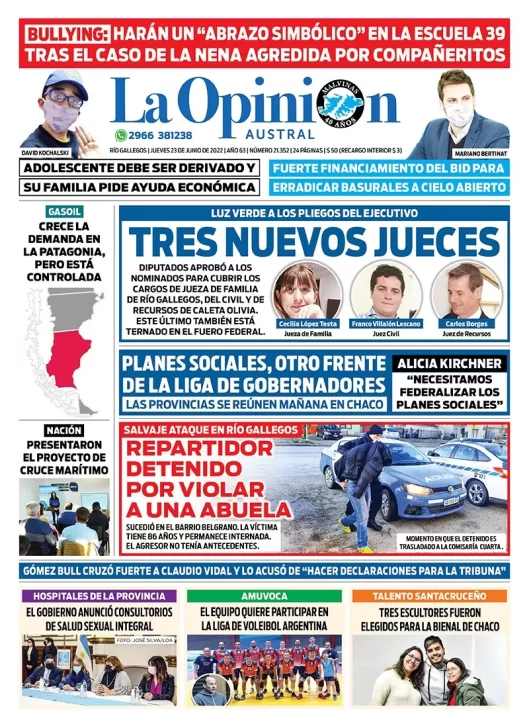 Diario La Opinión Austral tapa edición impresa del jueves 23 de junio de 2022 Río Gallegos, Santa Cruz, Argentina