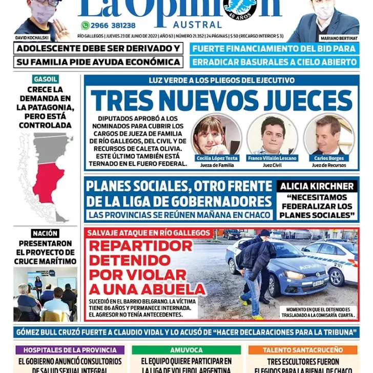 Diario La Opinión Austral tapa edición impresa del jueves 23 de junio de 2022 Río Gallegos, Santa Cruz, Argentina