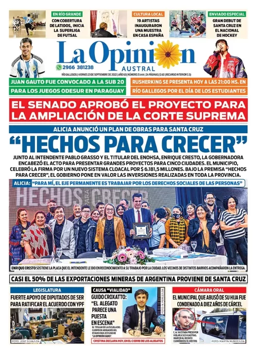 Diario La Opinión Austral tapa edición impresa del viernes 23 de septiembre de 2022 Río Gallegos, Santa Cruz, Argentina