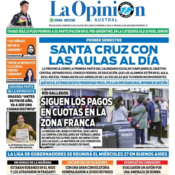 Diario La Opinión Austral tapa edición impresa del domingo 24 de julio de 2022 Río Gallegos, Santa Cruz, Argentina
