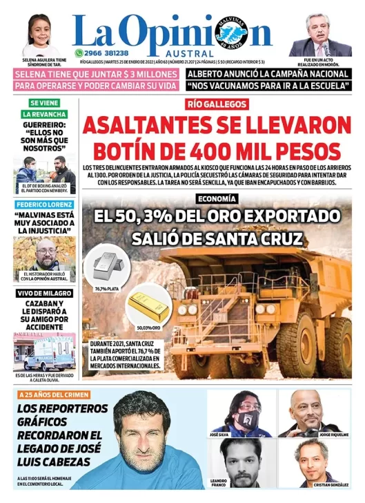 Diario La Opinión Austral tapa edición impresa del 25 de enero de 2022 Río Gallegos, Santa Cruz, Argentina