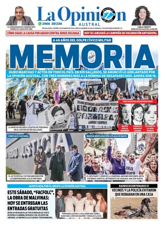 Diario La Opinión Austral tapa edición impresa del viernes 25 de marzo de 2022 Río Gallegos, Santa Cruz, Argentina