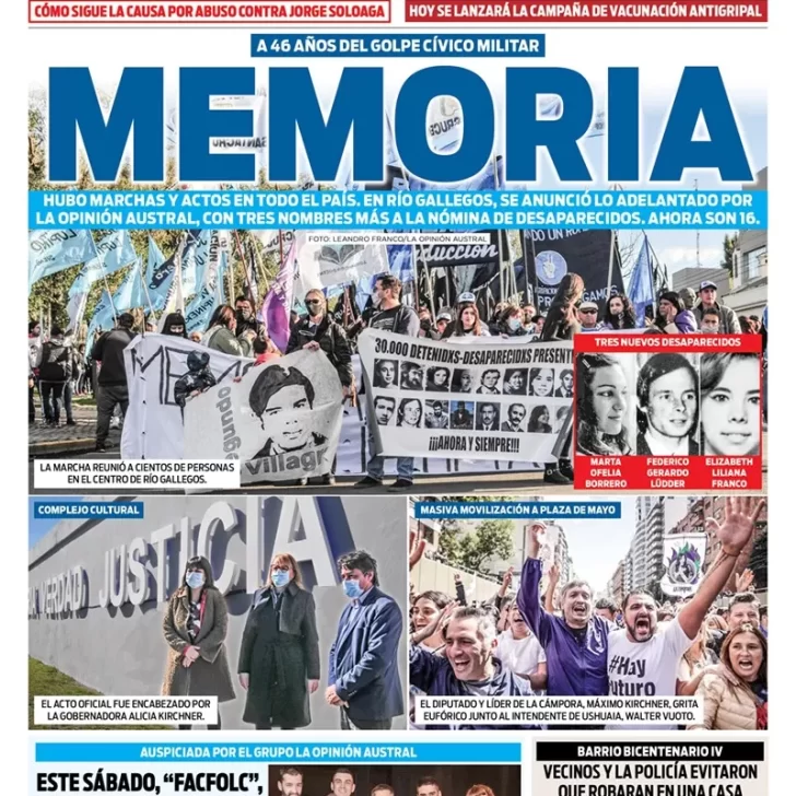 Diario La Opinión Austral tapa edición impresa del viernes 25 de marzo de 2022 Río Gallegos, Santa Cruz, Argentina