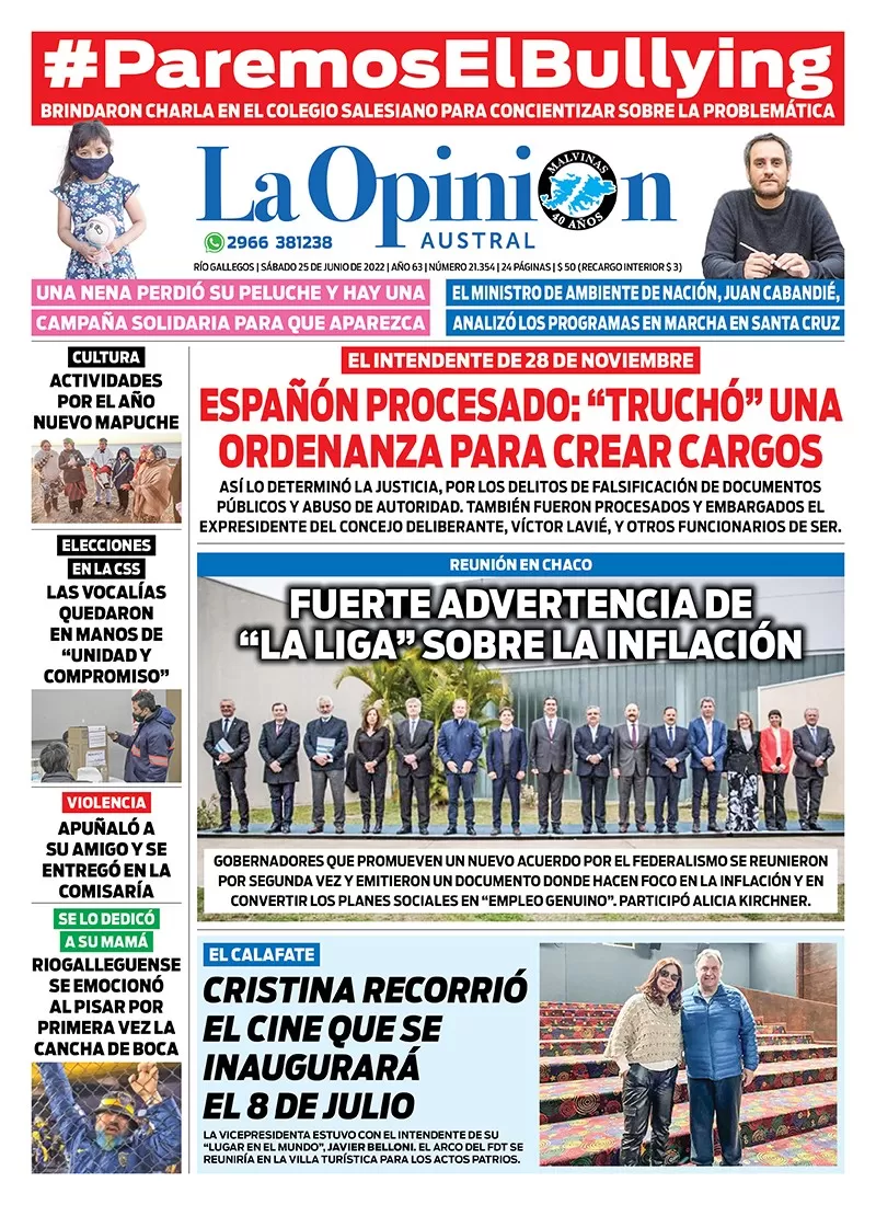 Diario La Opinión Austral tapa edición impresa del sábado 25 de junio de 2022 Río Gallegos, Santa Cruz, Argentina Diario La Opinión Austral tapa edición impresa del sábado 25 de junio de 2022 Río Gallegos, Santa Cruz, Argentina